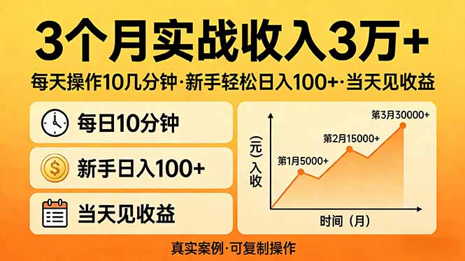 3个月实战收入3万+，每天操作10几分钟，新手轻松日入100+，当天见收益-百货大全