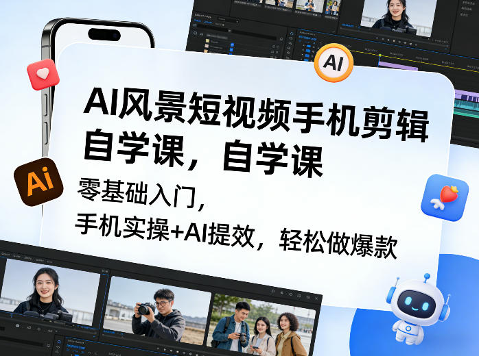 AI风景短视频手机剪辑自学课，零基础入门，手机实操+AI提效，轻松做爆款-百货大全