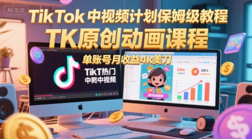TikTok中视频计划保姆级教程，TK原创动画课程，单账号月收益4k美刀-百货大全