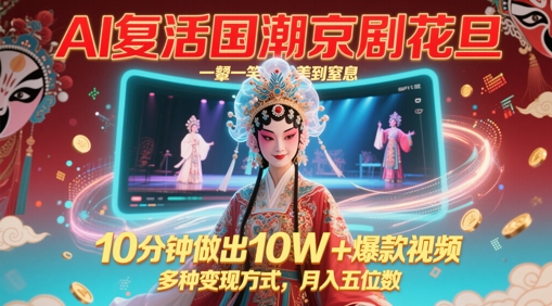 AI复活国潮京剧花旦，一颦一笑美到窒息，10分钟做出10W+爆款视频，多种变现方式，月入五位数-百货大全