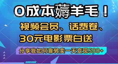 0成本薅羊毛!视频会员、话费卷、30元电影票白送，分享我如何靠转卖一天变现5张+【揭秘】-百货大全