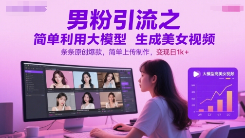 男粉引流之简单利用大模型生成美女视频，条条原创爆款，简单上传制作，变现日1k+-百货大全