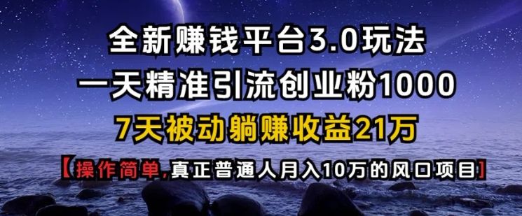 全新赚钱平台3.0玩法一天精准引流创业粉1000.7天被动躺Z收益21W【仅揭秘】-百货大全