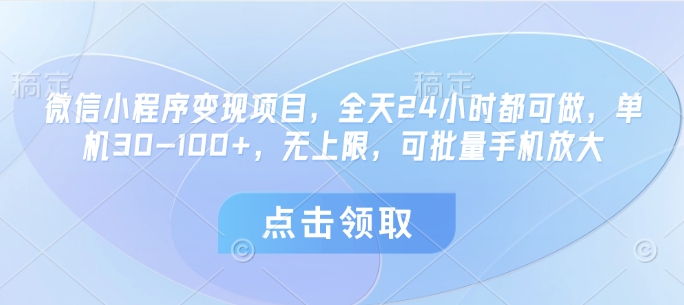 微信小程序变现项目，全天24小时都可做，单机30-100+，无上限，可批量手机放大-百货大全