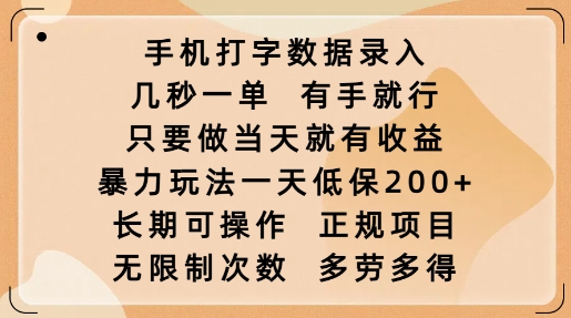 手机打字数据录入，几秒一单，有手就行，只要做当天就有收益，暴力玩法一天低保2张-百货大全
