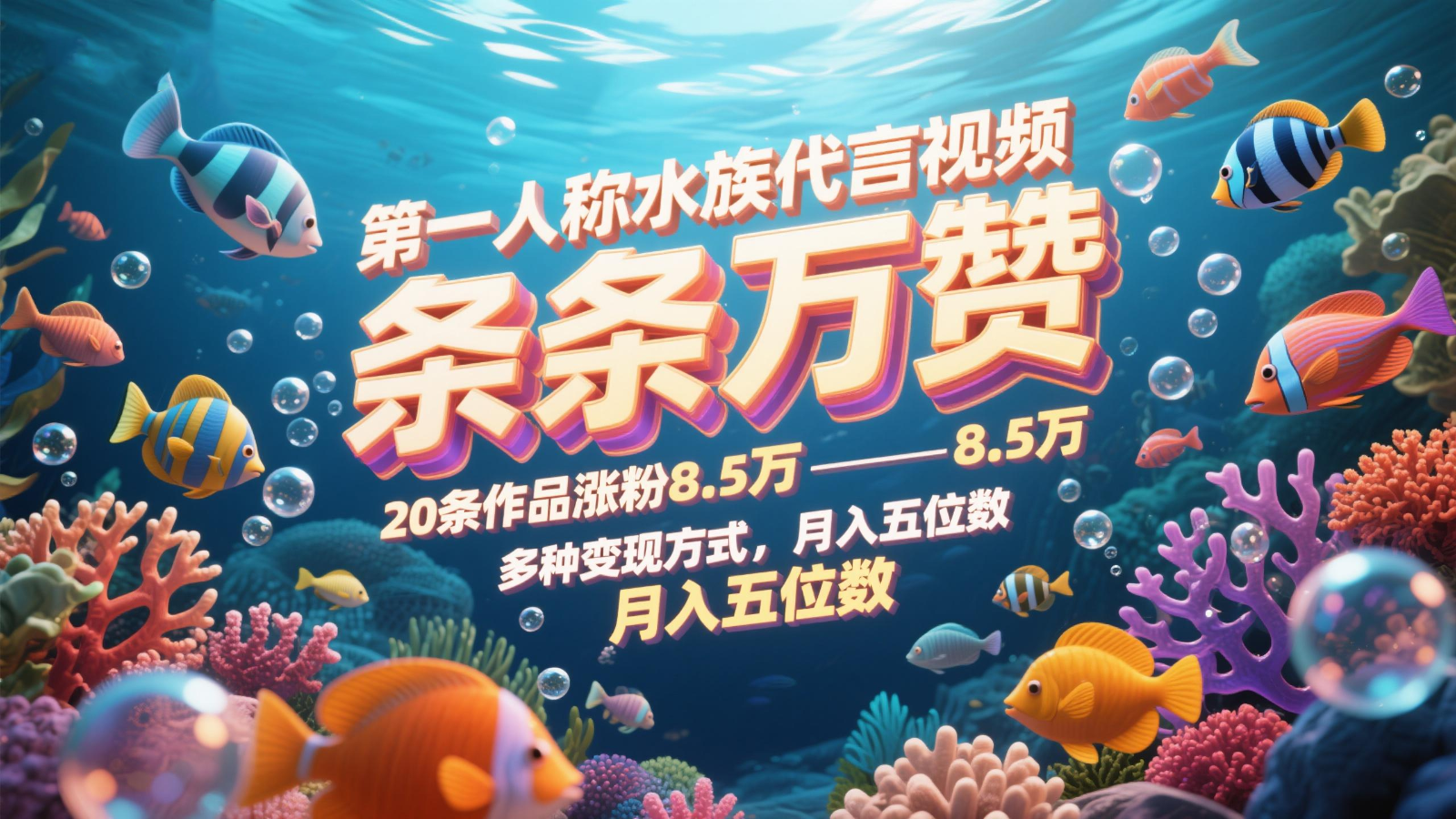 第一人称水族代言视频，条条万赞，20条作品涨粉8.5万，多种变现方式月，入五位数-百货大全