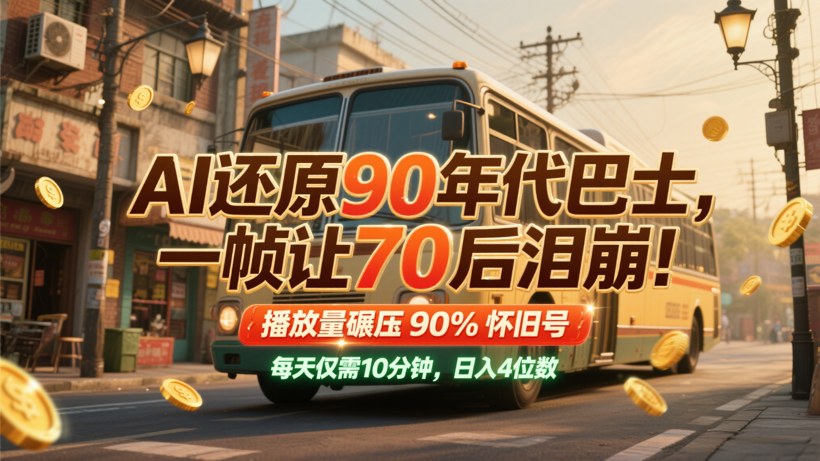 AI还原90年代巴士，一帧让70后泪崩！播放量碾压90%怀旧号，每天10分钟，日入4位数-百货大全