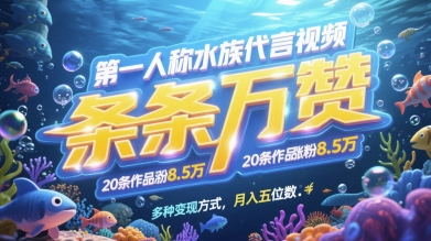第一人称水族代言视频，条条万赞，20条作品涨粉7.8W，多种变现方式月入五位数-百货大全