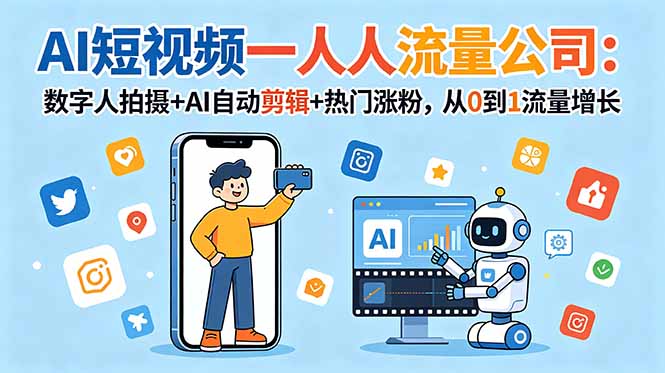 AI短视频一人流量公司:数字人拍摄+AI自动剪辑+热门涨粉,从0到1流量增长-百货大全