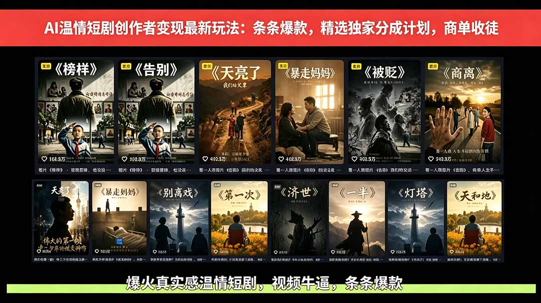 AI温情短剧创作者变现最新玩法：视频牛逼，条条爆款，精选独家分成计划，商单收徒-百货大全