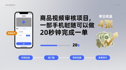 商品视频审核项目，一部手机随时随地都可以做，20秒钟完成一单，单日收益 4张【揭秘】-百货大全