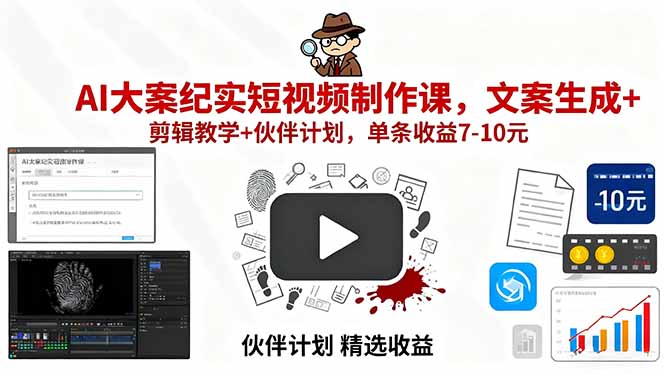 AI大案纪实短视频制作课，文案生成+剪辑教学+伙伴计划，单条收益7-10元-百货大全
