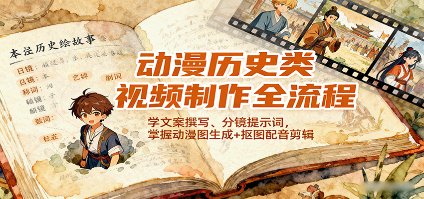 动漫历史类视频制作全流程，学文案撰写、分镜提示词，掌握动漫图生成+抠图配音剪辑-百货大全