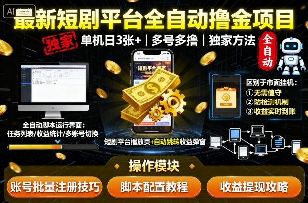 最新短剧平台全自动挂G撸金项目，单机一天3张+，多号多撸，区别于市面所有挂机项目，独家方法【揭秘】-百货大全