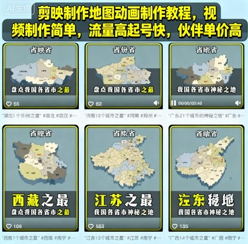 剪映制作地图动画制作教程，视频制作简单，流量高起号快，伙伴单价高-百货大全