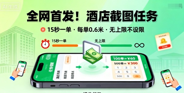 全网首发！酒店截图任务，15秒一单，每单0.6米，任务无上限不设限，矩阵操作单日3张到手【揭秘】-百货大全