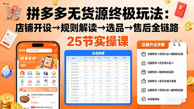 拼多多无货源终极玩法：店铺开设→规则解读→选品→售后全链路,25节实操课-百货大全