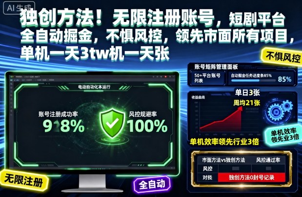 独创方法！无限注册账号，短剧平台全自动掘金，不惧风控，领先市面所有项目，单机一天3张【揭秘】-百货大全