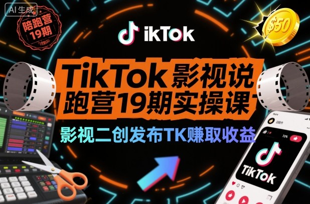 TikTok影视解说陪跑营19期实操课，影视二创发布TK賺取收益，万播收益50美金-百货大全