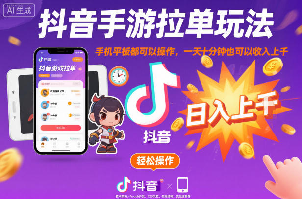抖音手游拉单玩法，手机平板都可以操作，一天十分钟也可以收入上K【揭秘】-百货大全