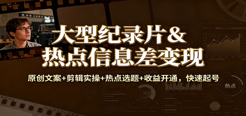 大型纪录片&热点信息差变现：原创文案+剪辑实操+热点选题+收益开通，快速起号-百货大全