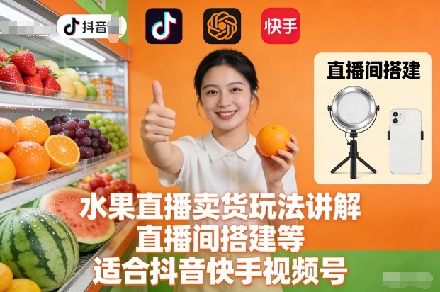 水果直播卖货玩法讲解、直播间搭建等，适合抖音快手视频号-百货大全