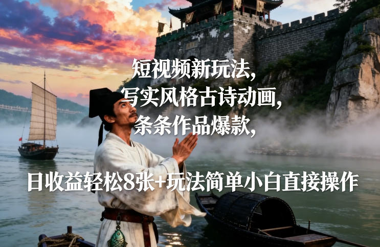 短视频新玩法，写实风格古诗动画，条条作品爆款，日收益轻松8张+玩法简单小白直接操作-百货大全