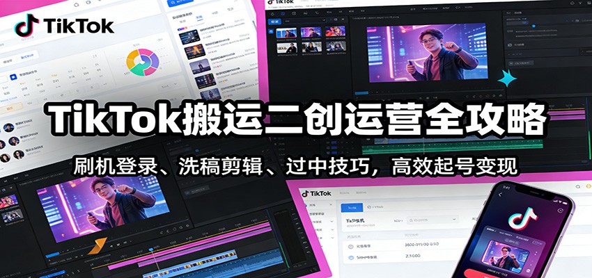 TikTok搬运二创运营全攻略：刷机登录、洗稿剪辑 、过中技巧，高效起号变现-百货大全