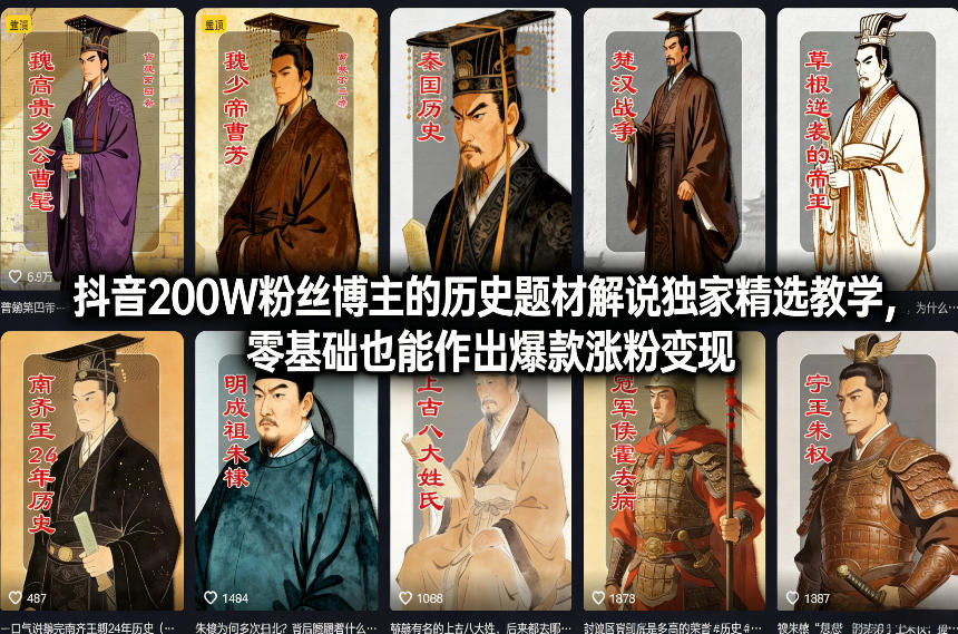 抖音200W粉丝博主的历史题材解说独家精选教学，零基础也能作出爆款涨粉变现-百货大全