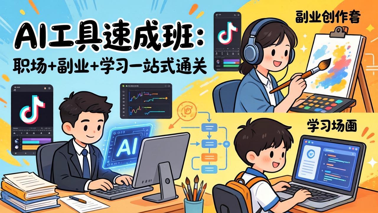 AI工具速成班：职场+副业+学习一站式通关，20+爆款类型+剪映技巧+抖音算法，0基础快速上手-百货大全