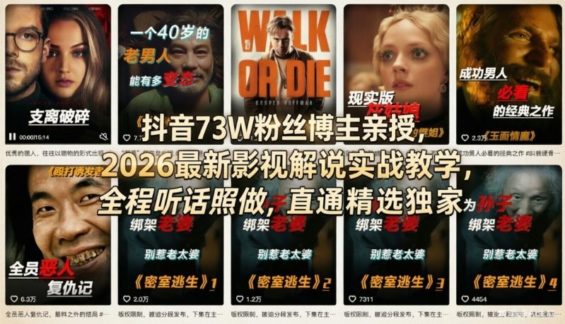 抖音73W粉丝博主亲授，2026最新影视解说实战教学，全程听话照做，直通精选独家-百货大全