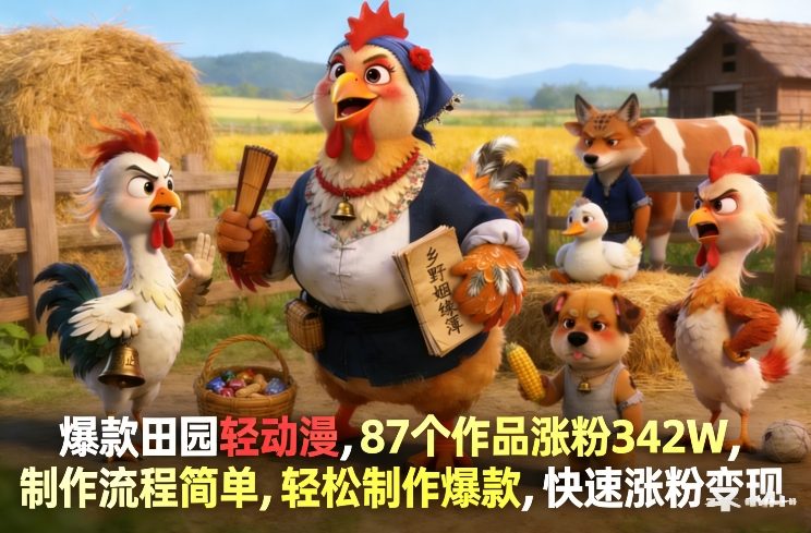 爆款田园轻动漫，87个作品涨粉342W，制作流程简单，轻松制作爆款，快速涨粉变现-百货大全