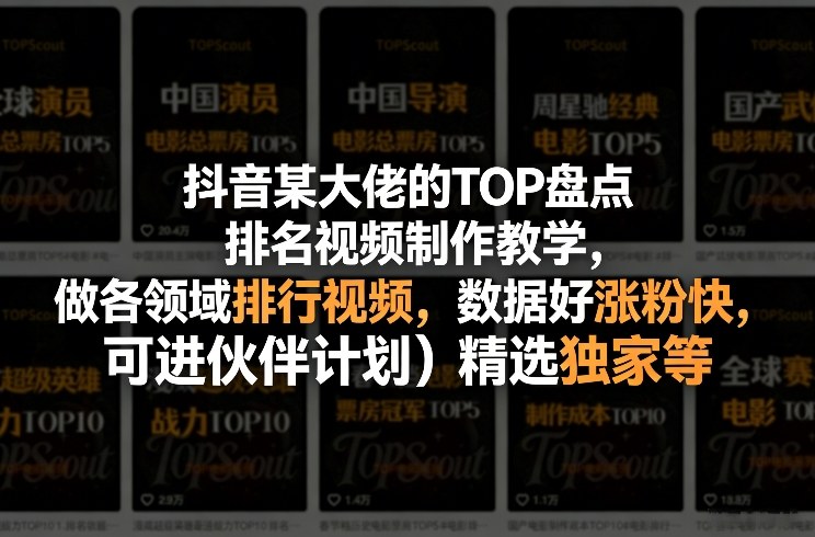 抖音某大佬的TOP盘点排名视频制作，做各领域排行视频，数据好涨粉快，可进伙伴计划＋精选独家等-百货大全