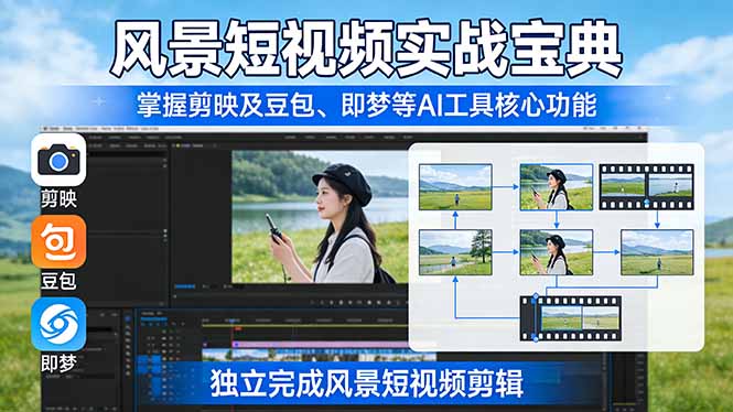 风景短视频实战宝典：掌握剪映及豆包、即梦等AI工具的核心功能，独立完成风景短视频剪辑-百货大全