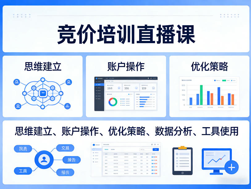 竞价培训直播课，覆盖思维建立、账户操作、优化策略、数据分析、工具使用等，全方位提升效果-百货大全