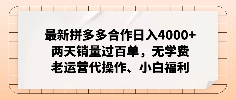 拼多多最新合作日入4000+两天销量过百单，无学费、老运营代操作、小白福利-百货大全