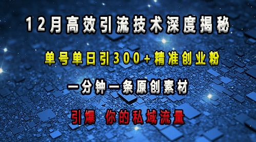 最新高效引流技术深度揭秘 ，单号单日引300+精准创业粉，一分钟一条原创素材，引爆你的私域流量-百货大全
