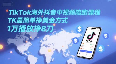 TikTok海外抖音中视频陪跑课程，TK最简单挣美金方式，1万播放挣8刀-百货大全