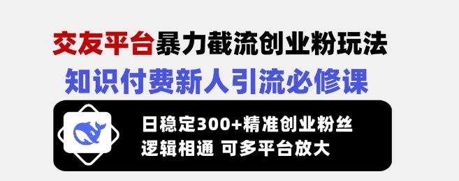 交友平台暴力截流创业粉玩法，知识付费新人引流必修课，日稳定300+精准创业粉丝，逻辑相通可多平台放大-百货大全