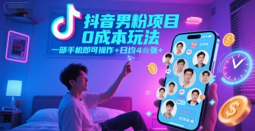 抖音男粉项目0成本玩法，一部手机即可操作，日均4张+，时间自由-百货大全