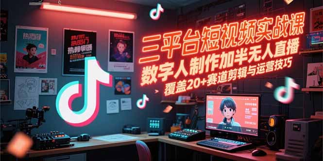 三平台短视频实战课，数字人制作加半无人直播，覆盖20+赛道剪辑与运营技巧-百货大全
