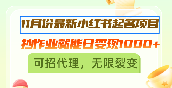 11月份最新小红书起名项目，抄作业就能日变现1000+，可招代理，无限裂变-百货大全
