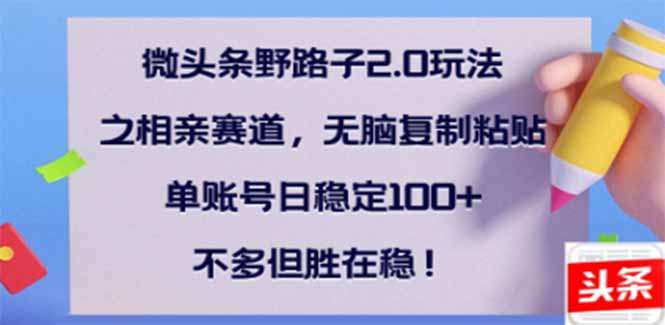 微头条野路子2.0玩法之相亲赛道，无脑搬砖复制粘贴，单账号日稳定300+...-百货大全