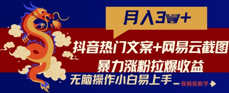 抖音热门文案+网易云截图暴力涨粉拉爆收益玩法，小白无脑操作，简单易上手【揭秘】-百货大全